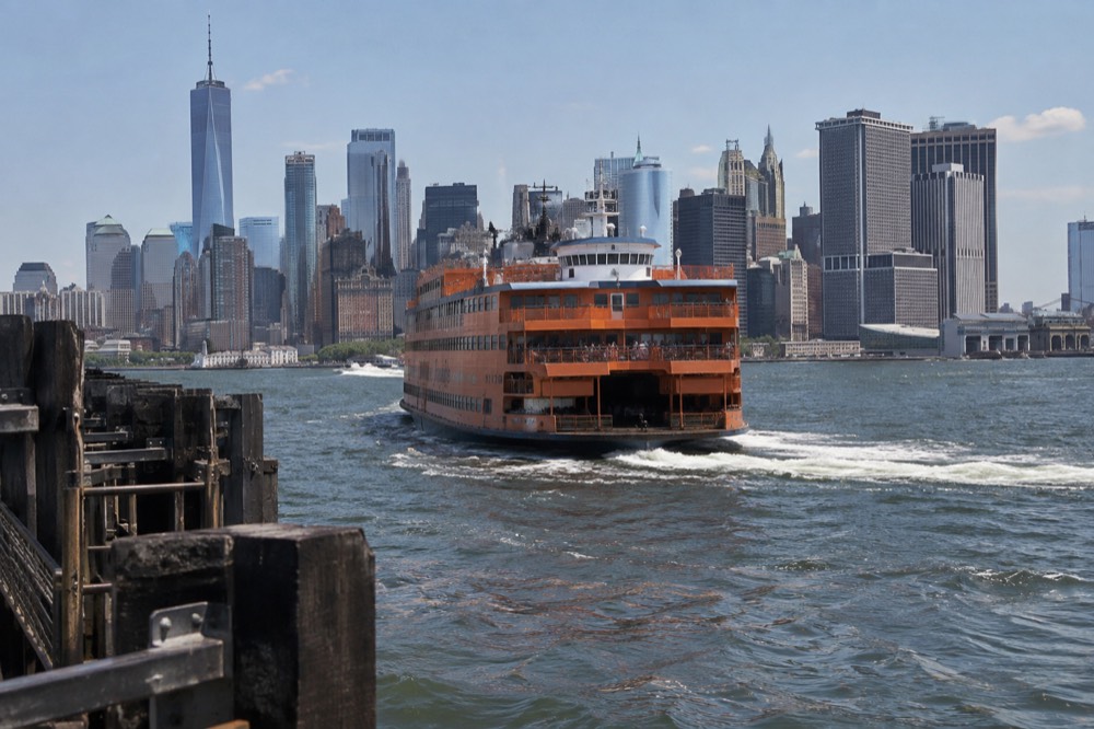 The orange Staten Island Ferry boat approaching the Manhattan terminal with the skyline behind it