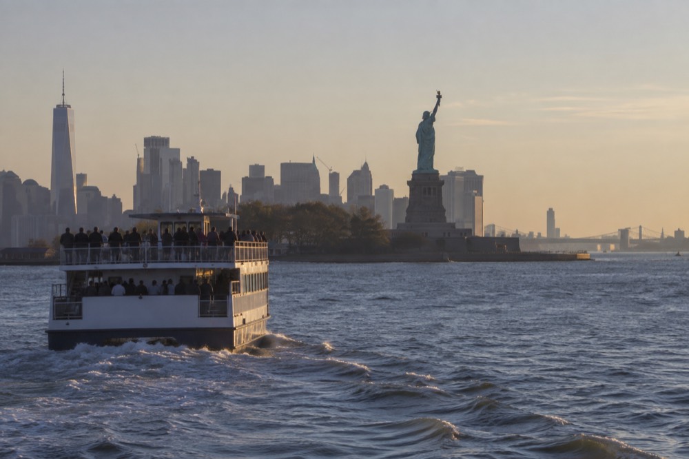 A sightseeing cruise boat on the harbor with the Statue of Liberty in the distance