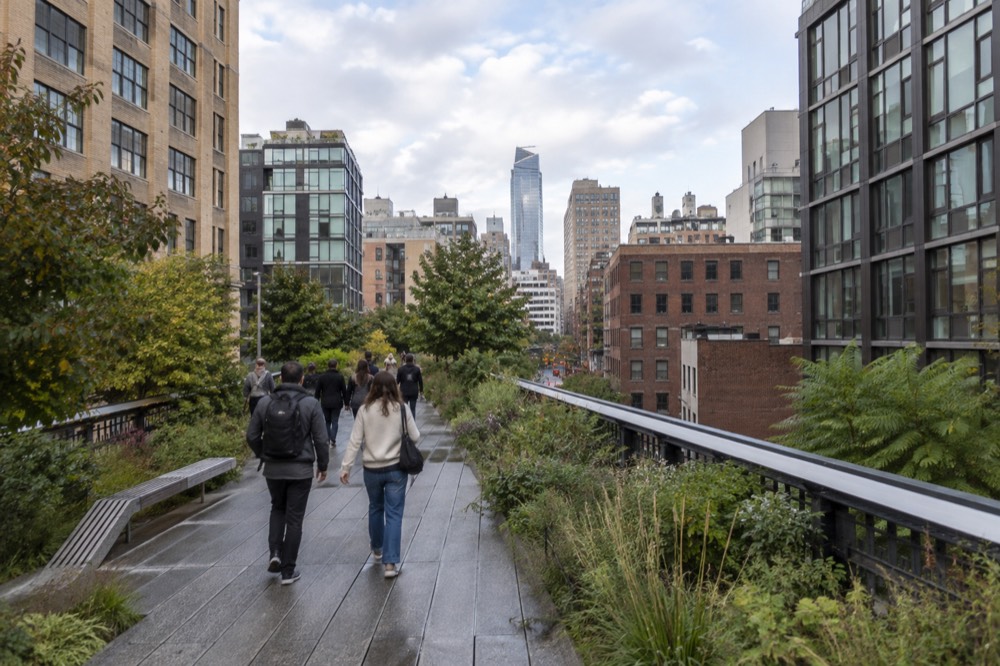 Visitors strolling the High Line elevated park with greenery and buildings on either side