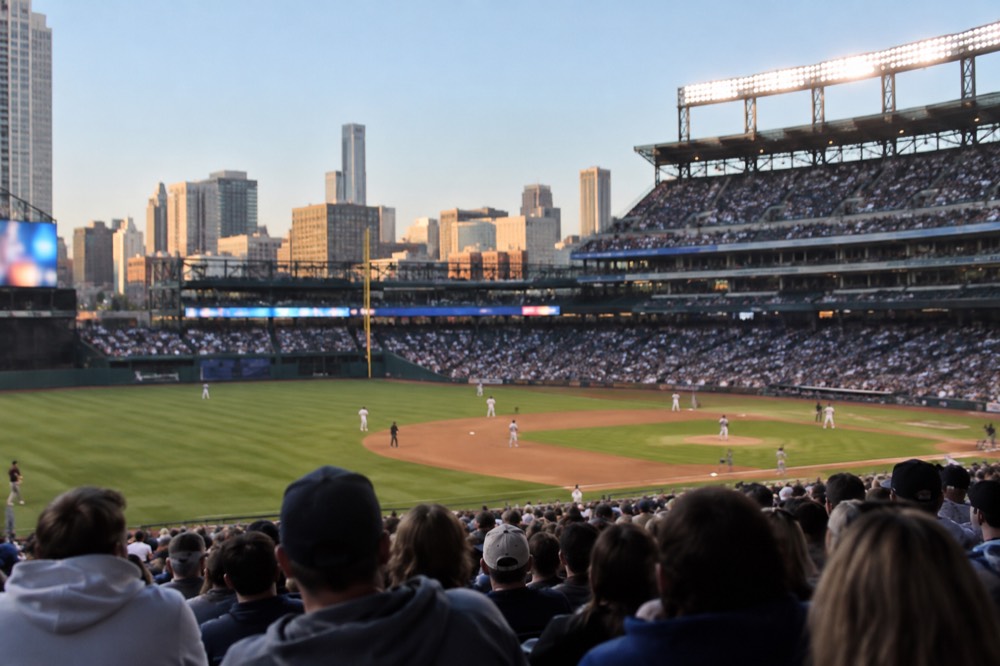 A baseball stadium filled with spectators on a clear spring evening