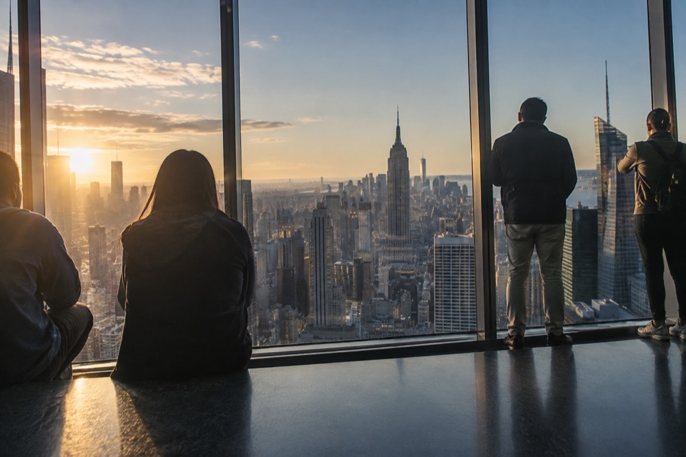 Visitors looking out through the glass walls of an air-conditioned observation deck