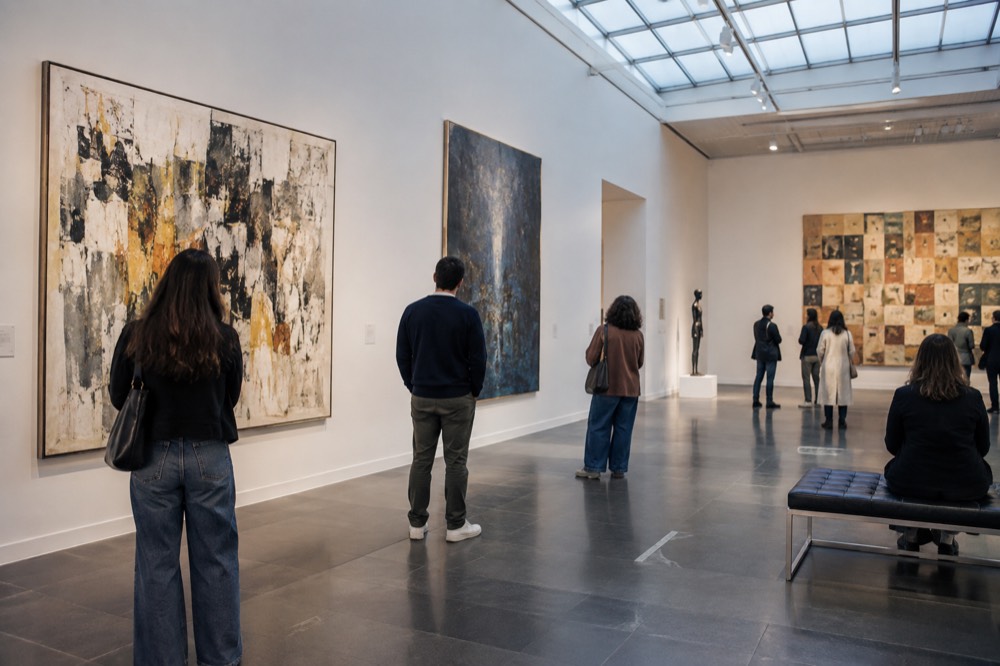 Skylit museum gallery with visitors viewing large paintings
