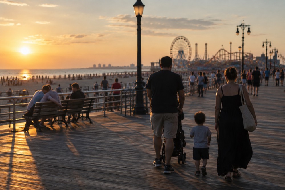Families on a sunny boardwalk by the ocean with amusement rides in the distance