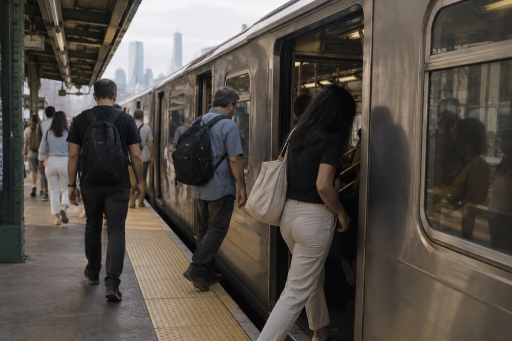 Passengers boarding a subway train at a station platform on a warm day