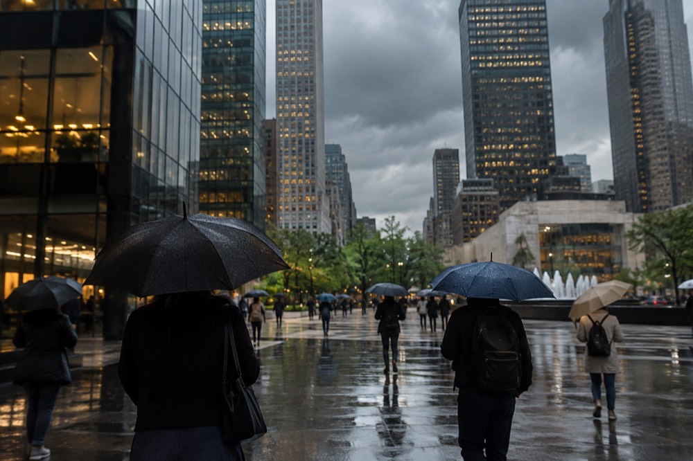 Open umbrellas on a plaza as heavy rain clouds gather over city towers