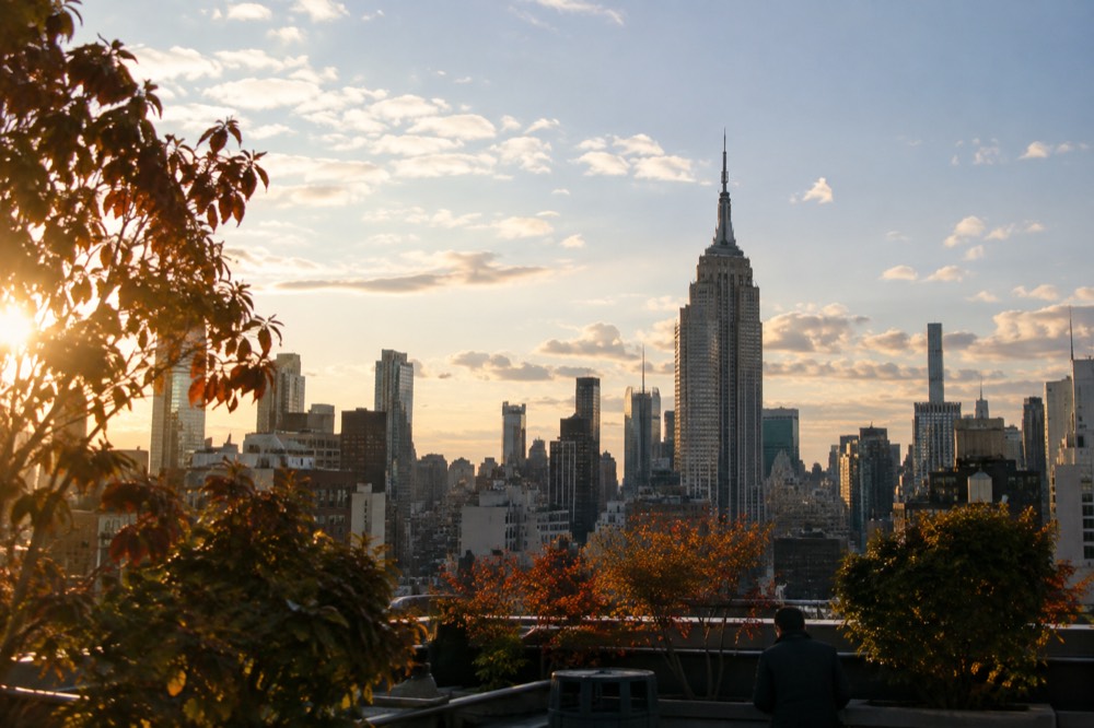 The Empire State Building seen from a rooftop with autumn trees in the foreground