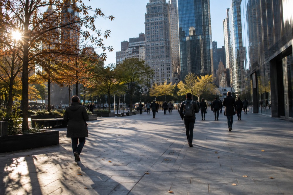 People walking across a plaza in Lower Manhattan on a bright fall day