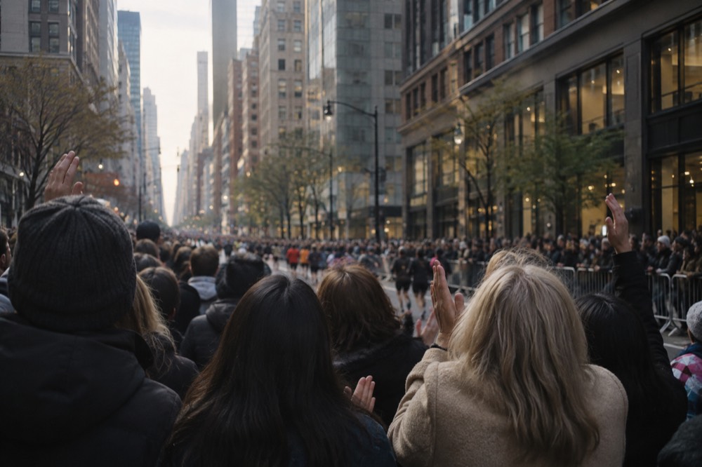 Crowds of spectators lined several deep along a city avenue cheering