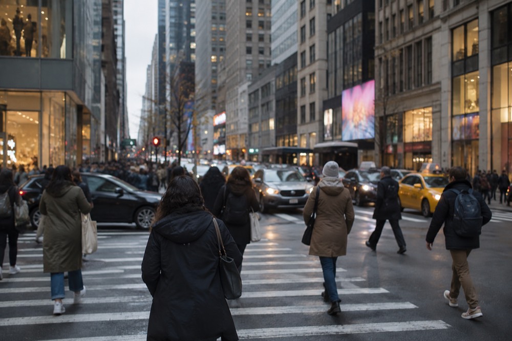 Pedestrians crossing a busy Midtown Manhattan street beneath glowing billboards