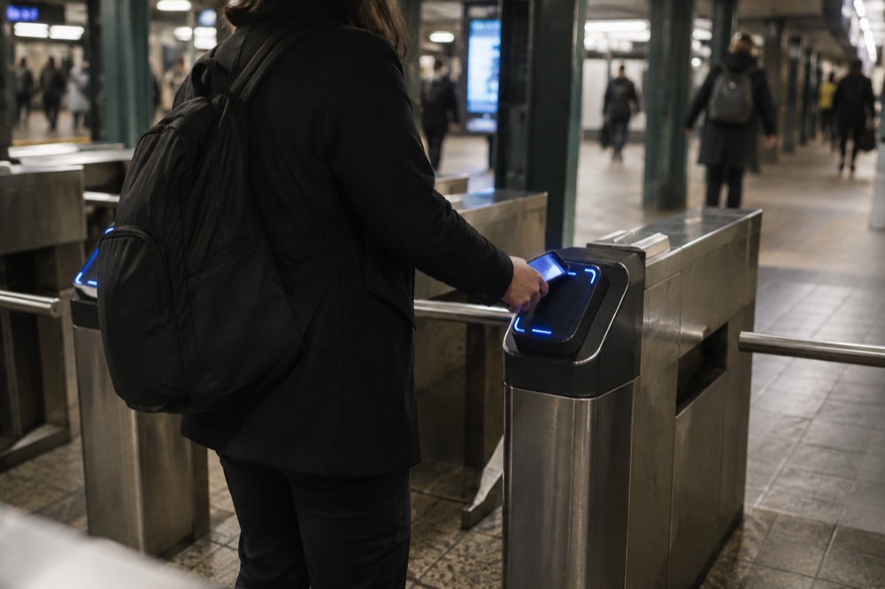A rider tapping a phone at an OMNY reader in a New York subway station