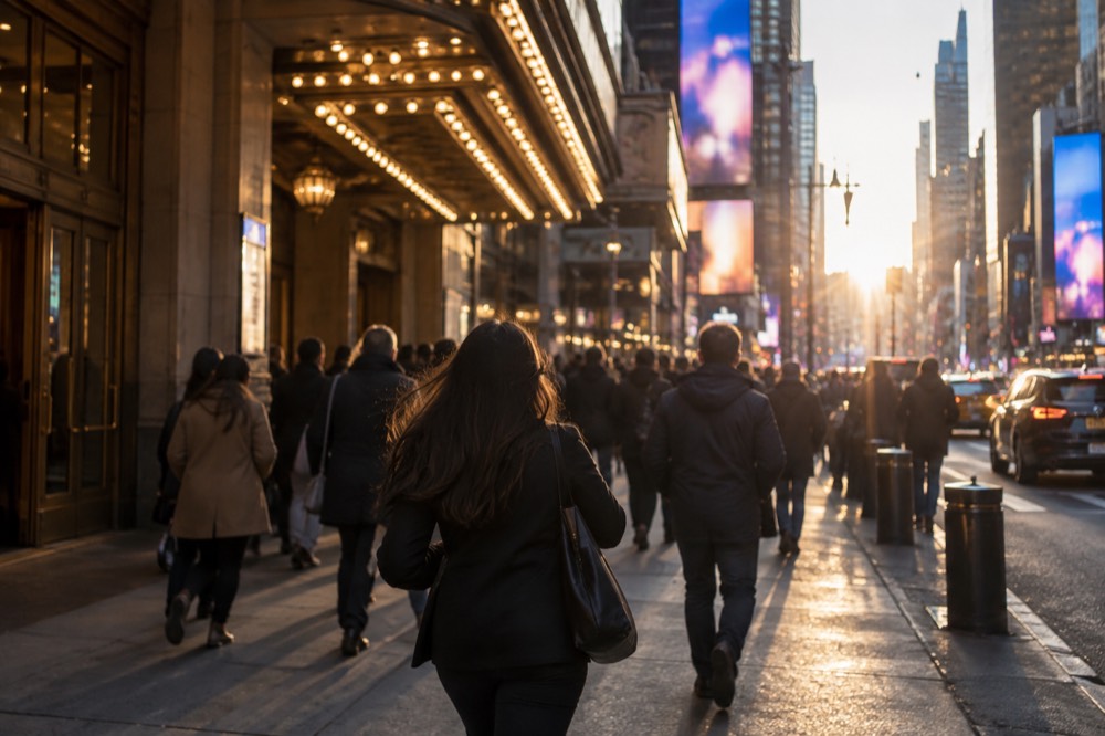 A crowded sidewalk outside a lit Broadway theater marquee before an evening show