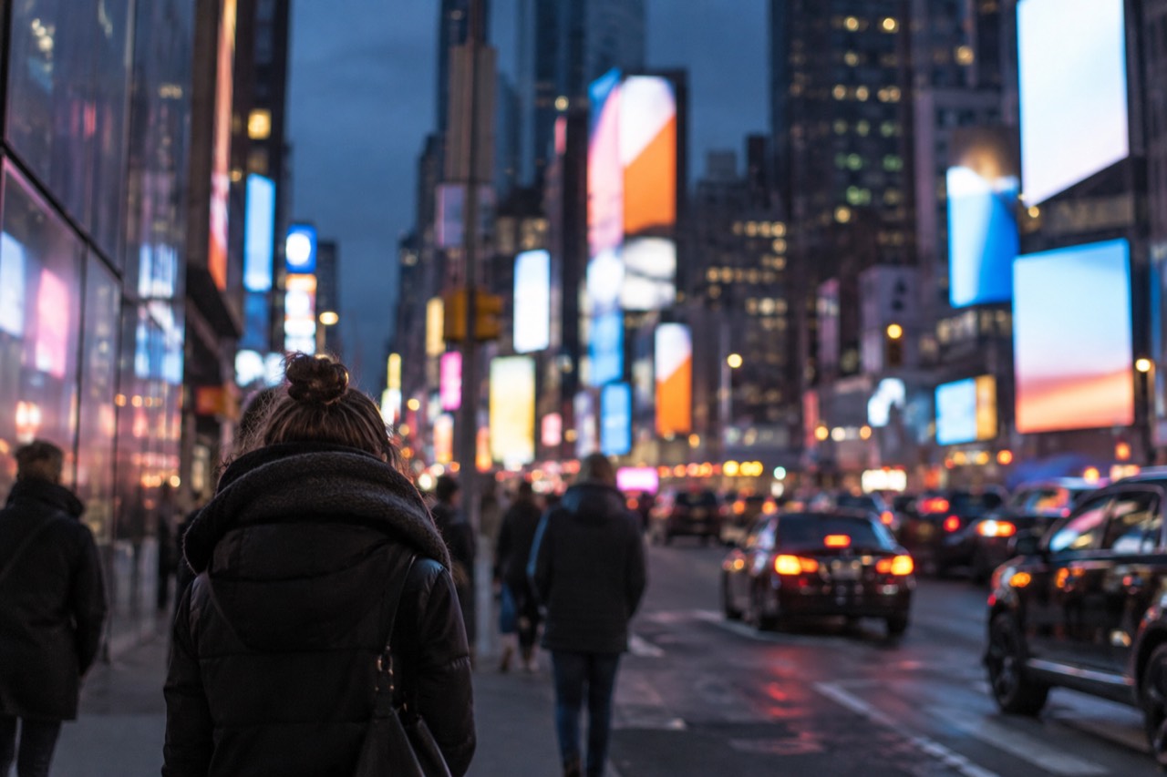 Times Square glowing with billboards and theater crowds on a warm evening in New York