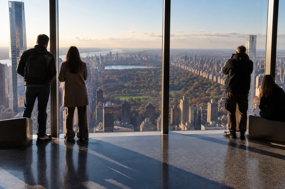 Visitors looking out through the floor-to-ceiling windows of a Midtown observation deck toward Central Park