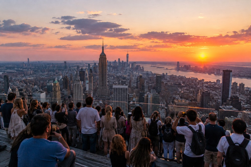 Crowds gathered at the railing of an observation deck during a colorful sunset over the Manhattan skyline