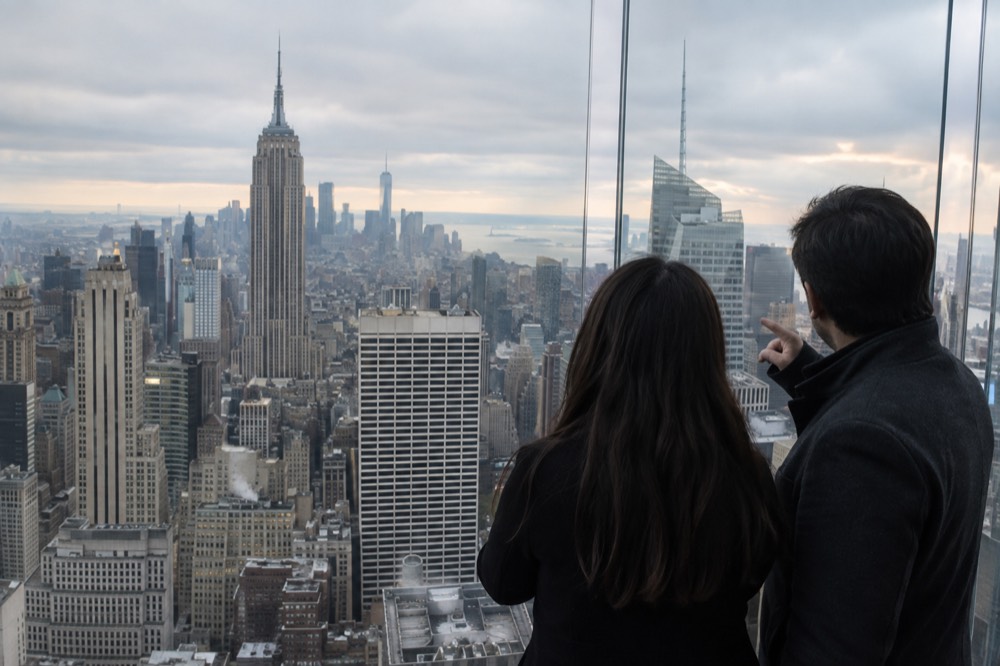 Two visitors comparing the skyline from behind the glass of an enclosed observation deck level