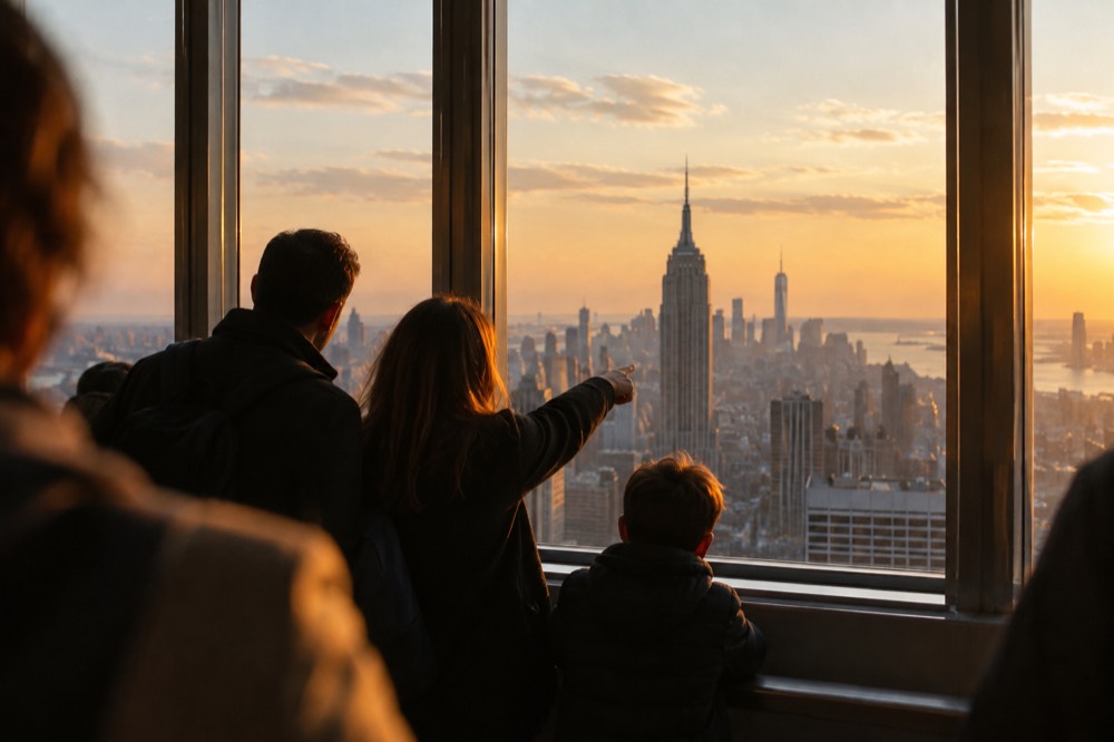 A family pointing at buildings through the large windows of an observation deck