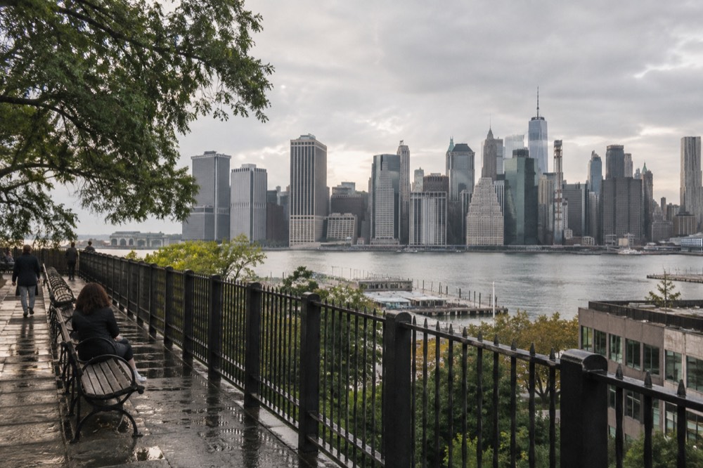 The Brooklyn Heights Promenade with Lower Manhattan towers across the water