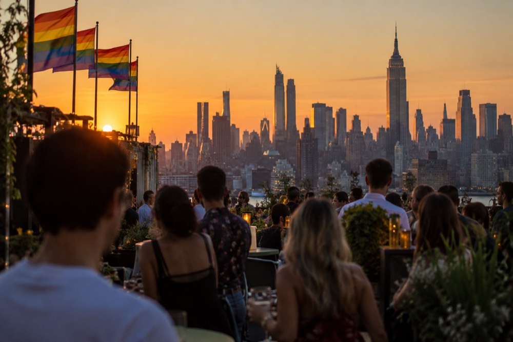 A crowded rooftop bar at sunset with the Manhattan skyline behind rainbow flags