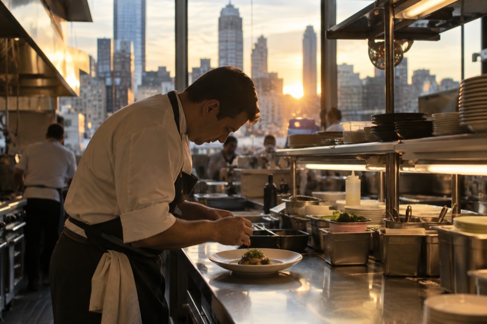 A chef plating a dish in a New York restaurant kitchen