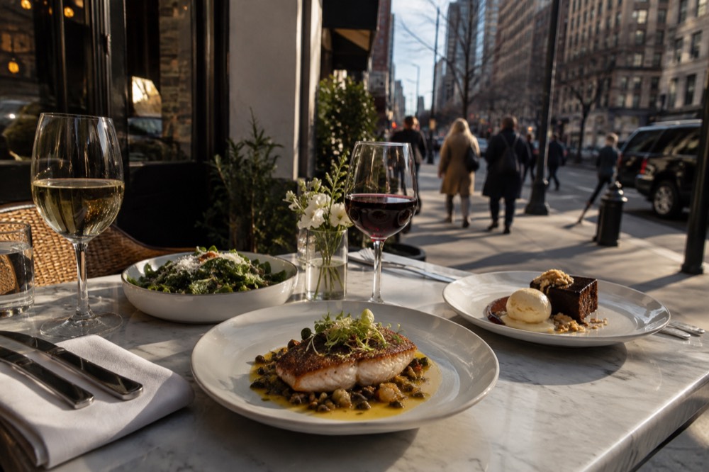 A three course meal laid out on a restaurant table with wine glasses