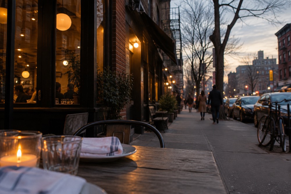 An evening street scene in a Brooklyn neighborhood with lit restaurant windows