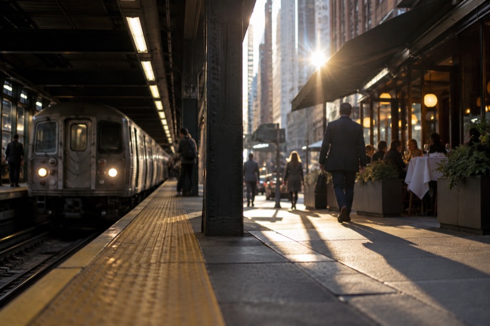 A subway platform with a train arriving as a diner heads to a restaurant