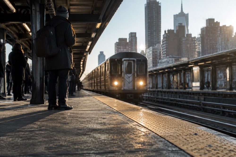 A subway platform in New York with a train arriving and passengers waiting