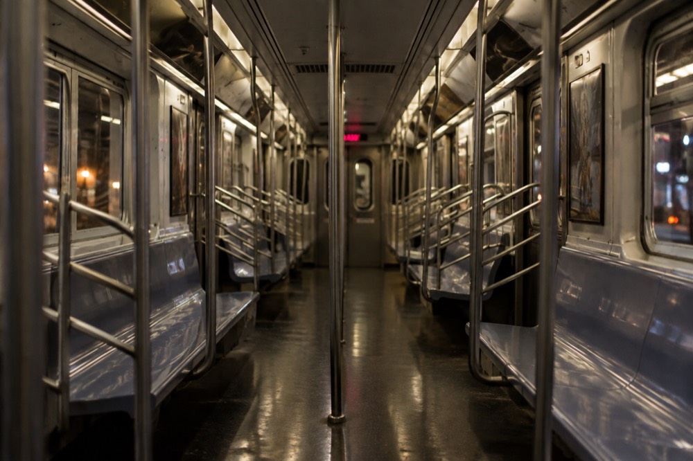 An empty subway car late at night in New York