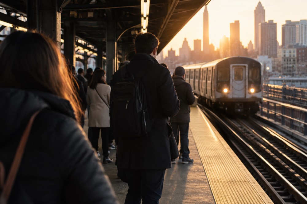 A busy New York subway platform with commuters waiting near yellow warning stripes