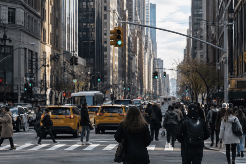 A crowded Manhattan avenue with yellow taxis and pedestrians crossing at a green signal