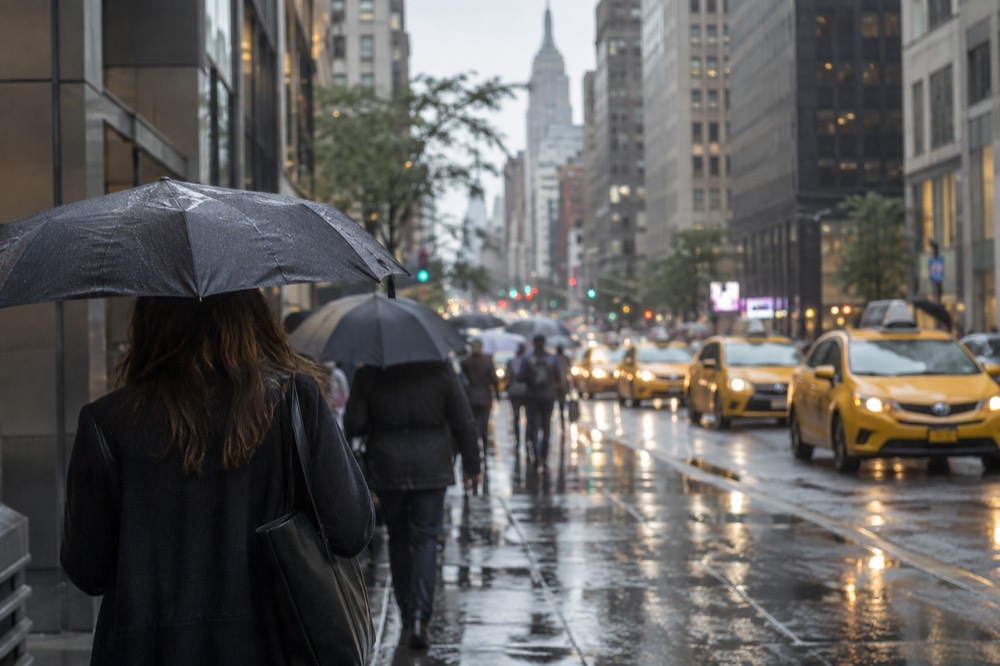 Umbrellas on a rainy Fifth Avenue sidewalk with yellow cabs in the street