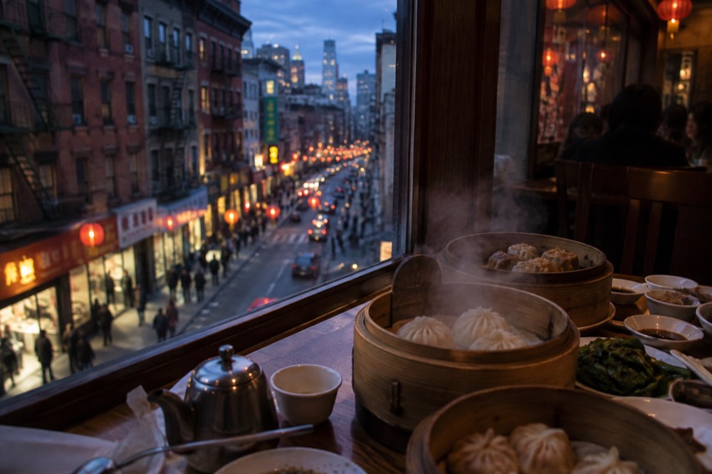 Steam rising from dumpling baskets on a Chinatown restaurant table