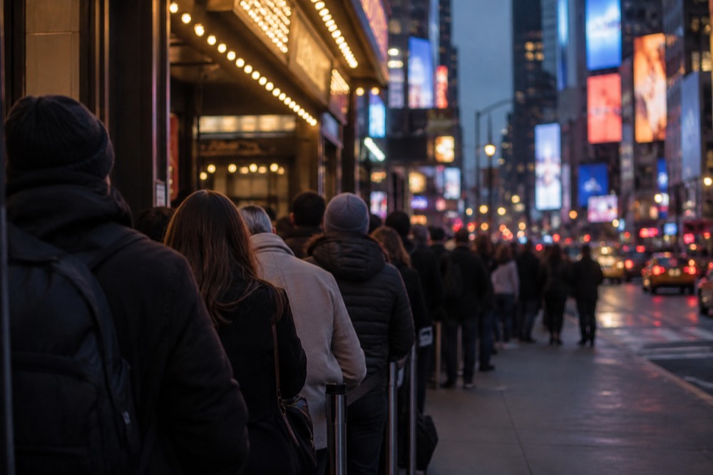 A ticket booth line stretching along a sidewalk in the Theater District