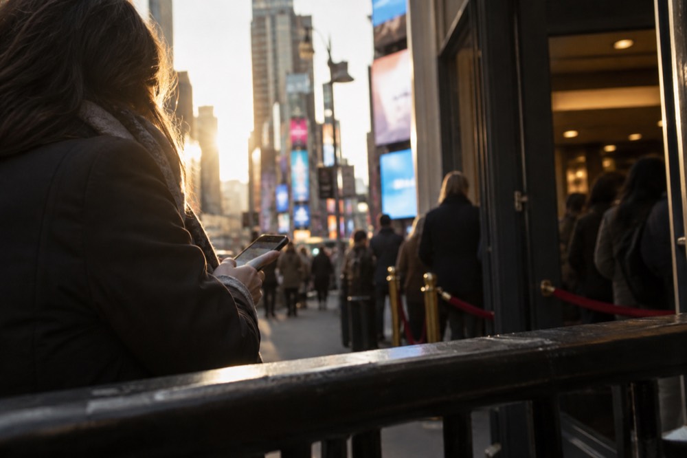 A theatergoer checking a ticket on a phone outside a small venue