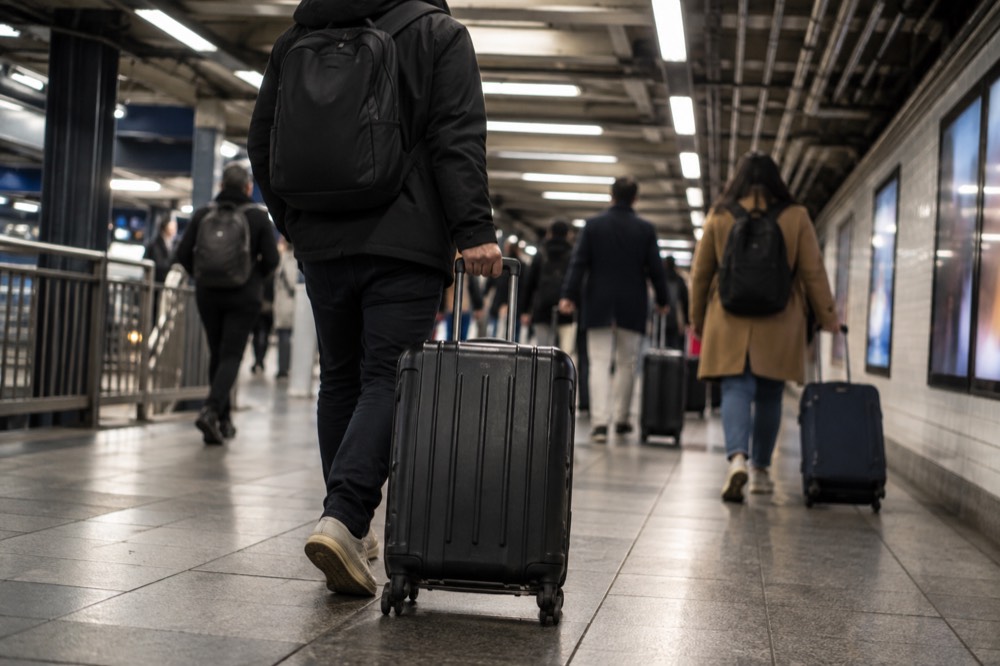 Travelers with suitcases walking through a New York subway station corridor