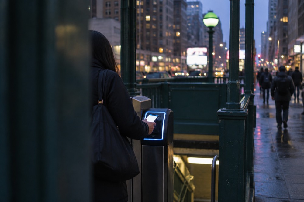 A rider holding a phone near an OMNY reader at a subway entrance