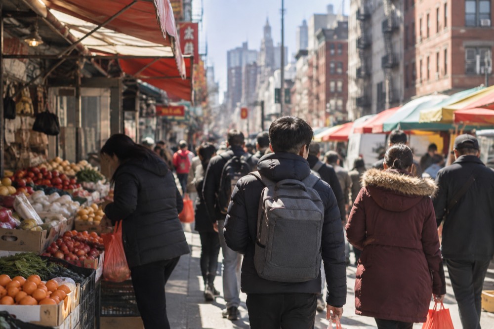 People walking through a busy Chinatown street market in Manhattan