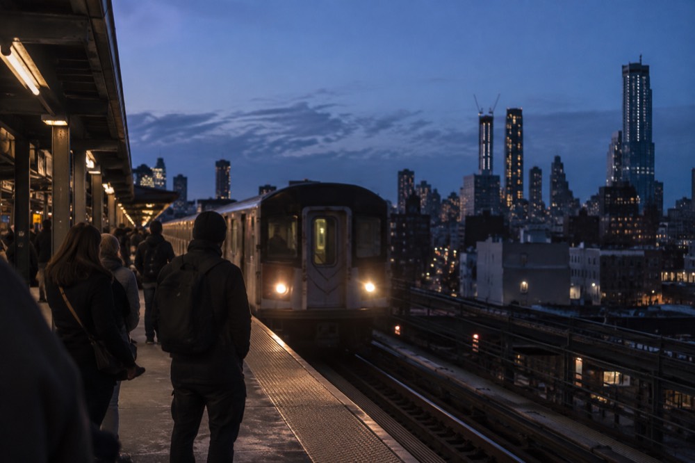 A subway platform in New York with a train arriving and riders waiting