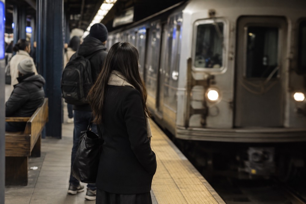 Subway platform with a train arriving, passengers waiting near a bench
