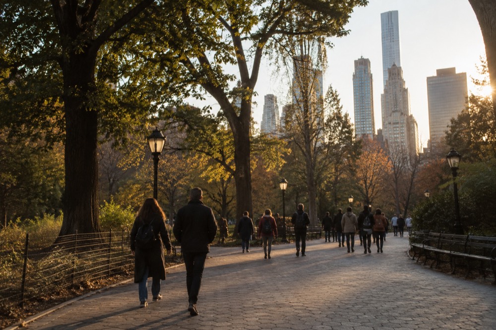 Wide stone path in a park with people strolling between large trees