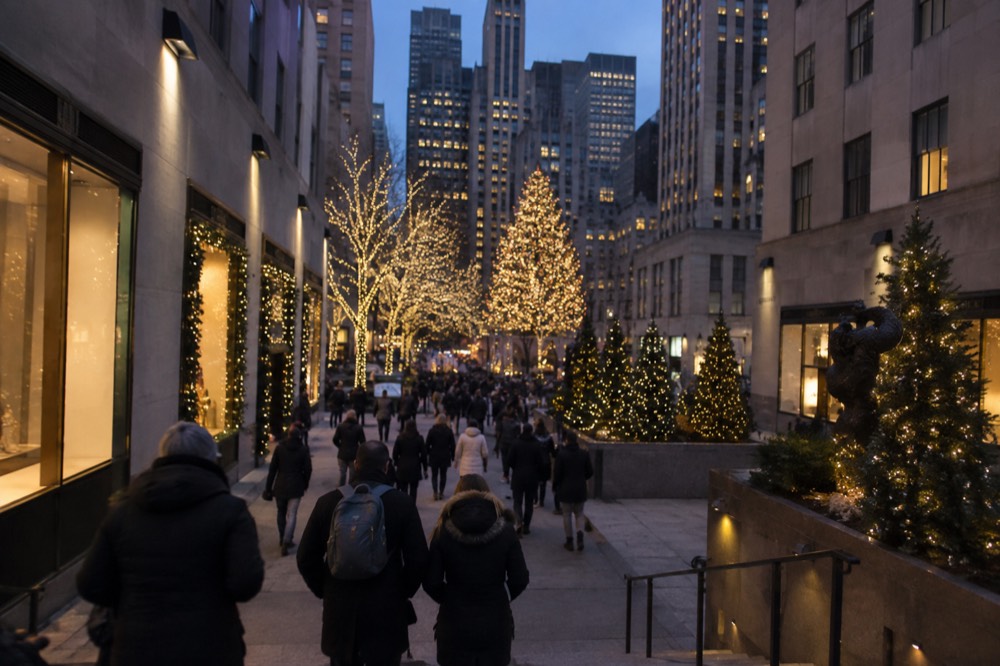 People in winter coats walking through a decorated outdoor promenade with holiday lights at dusk