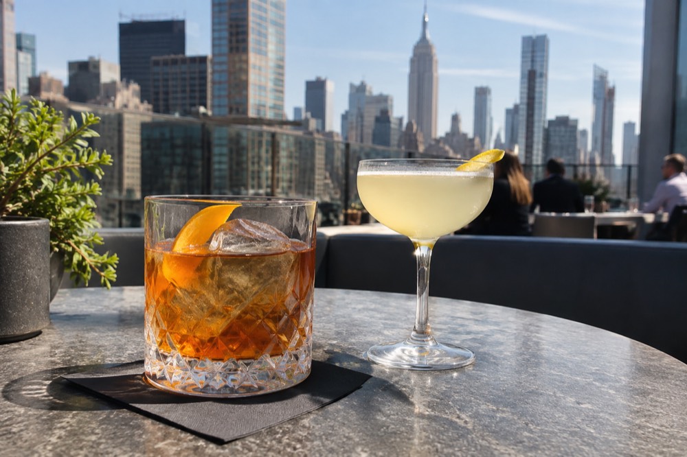 Two cocktails on a rooftop bar table with the city lights blurred in the background