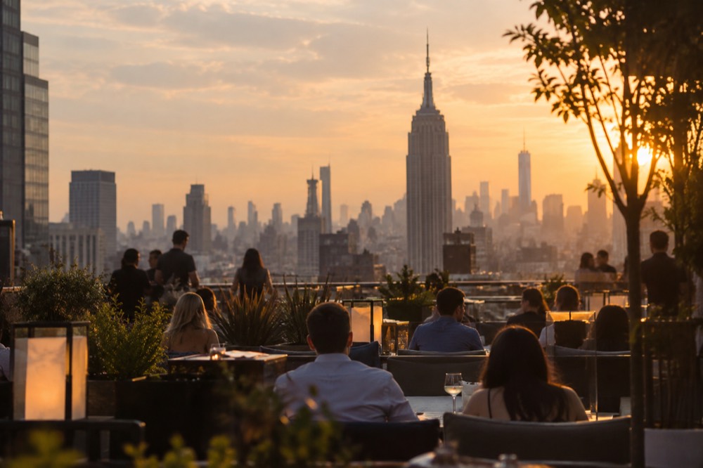 A rooftop bar during golden hour with warm sunlight across the seating and skyline