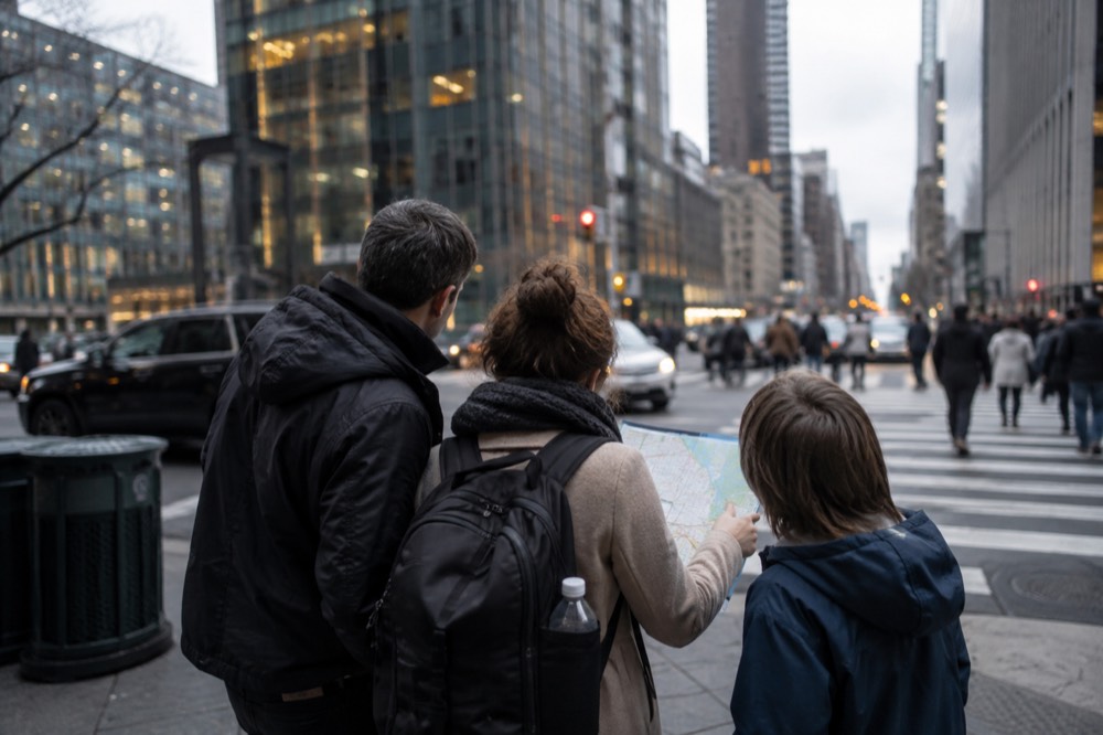 A family studying a city map on a bench outside a New York museum entrance
