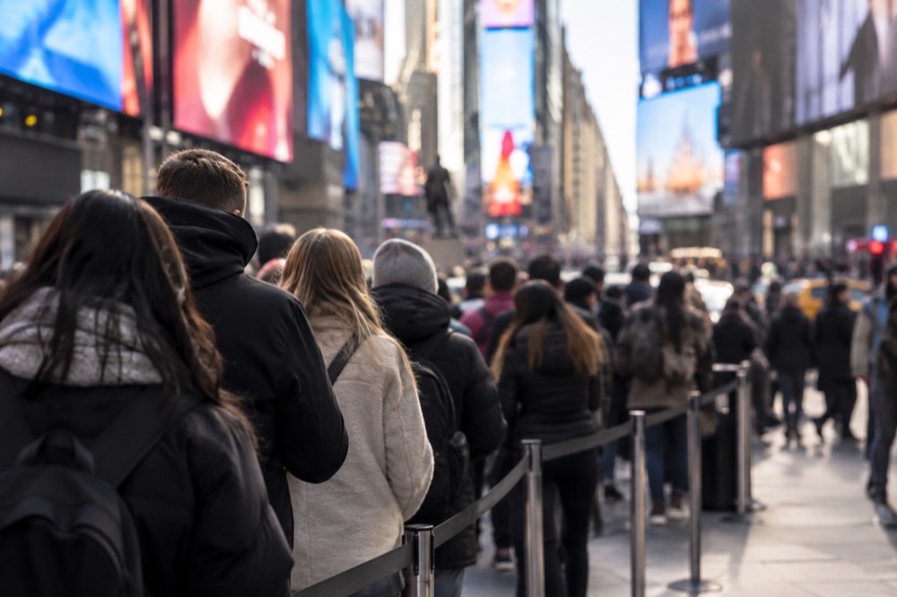 Crowds moving through a Times Square ticket line in the late afternoon
