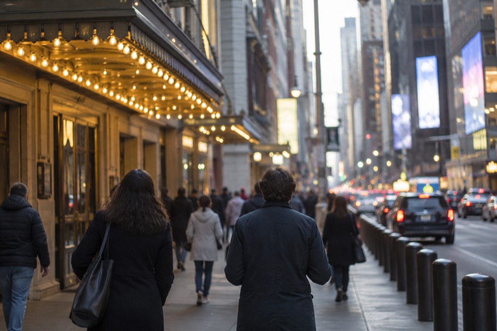 People walking past Broadway theater entrances and poster displays on a tree-lined Midtown side street