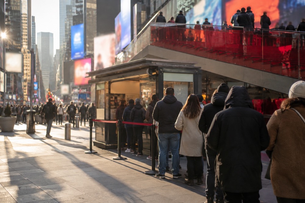 A discount ticket booth in Times Square with a short line of people waiting under the red steps