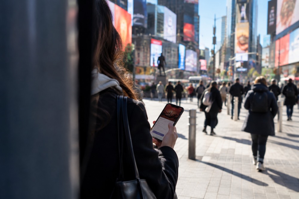 A smart phone held in a theatergoer's hand showing a ticket booking screen inside a bright lobby