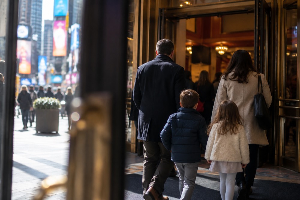 A family with two children walking through a bright theater lobby toward the auditorium doors