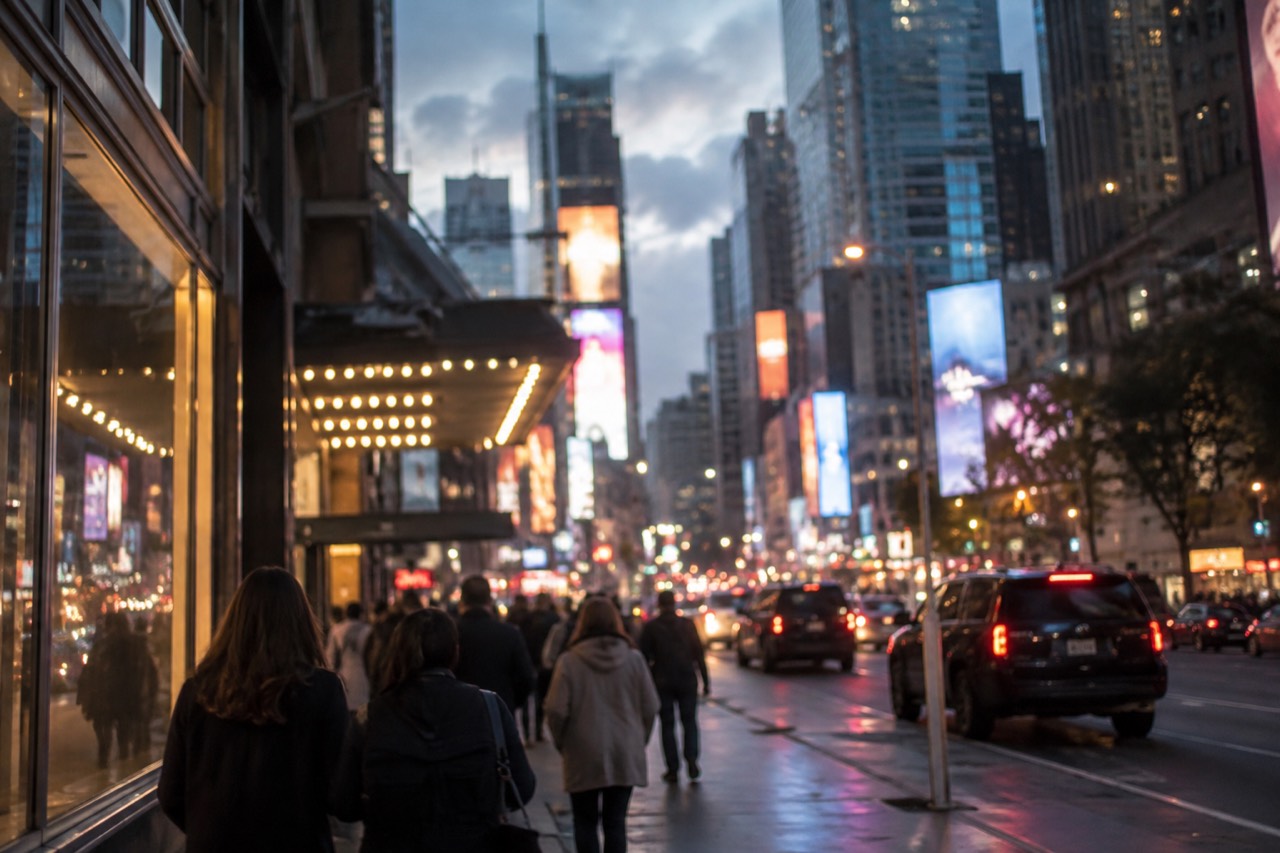 The theater district at dusk with lit marquees along a busy Manhattan street